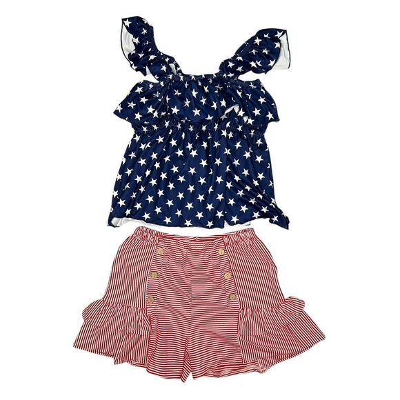 Mia Belle Girls 10/12 Patriot Stars Top and Striped Short Set 4th of July Outfit - Picture 3 of 11